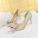 Side Hollow Soft Leather Women Pumps 7 Color Fashion Bowtie Pointed Toe High Heels Ladies Dress Wedding Shoes Woman Work Shallow