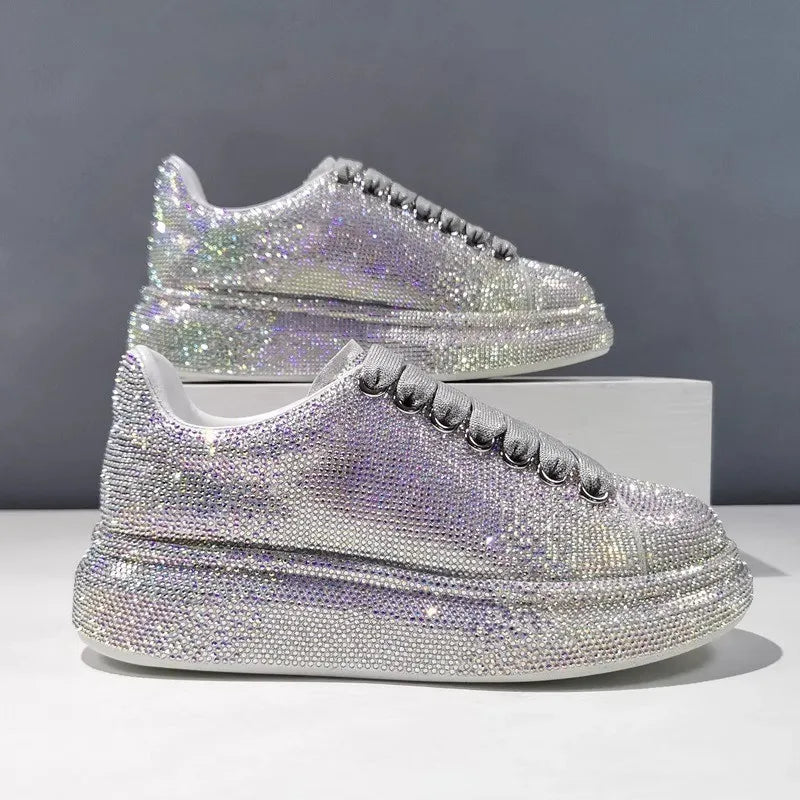 Chaussures de sport à semelles épaisses et dégradées de couleurs, blanches et diamants, de luxe, de créateur, plates et décontractées, nouvelle collection automne 2024