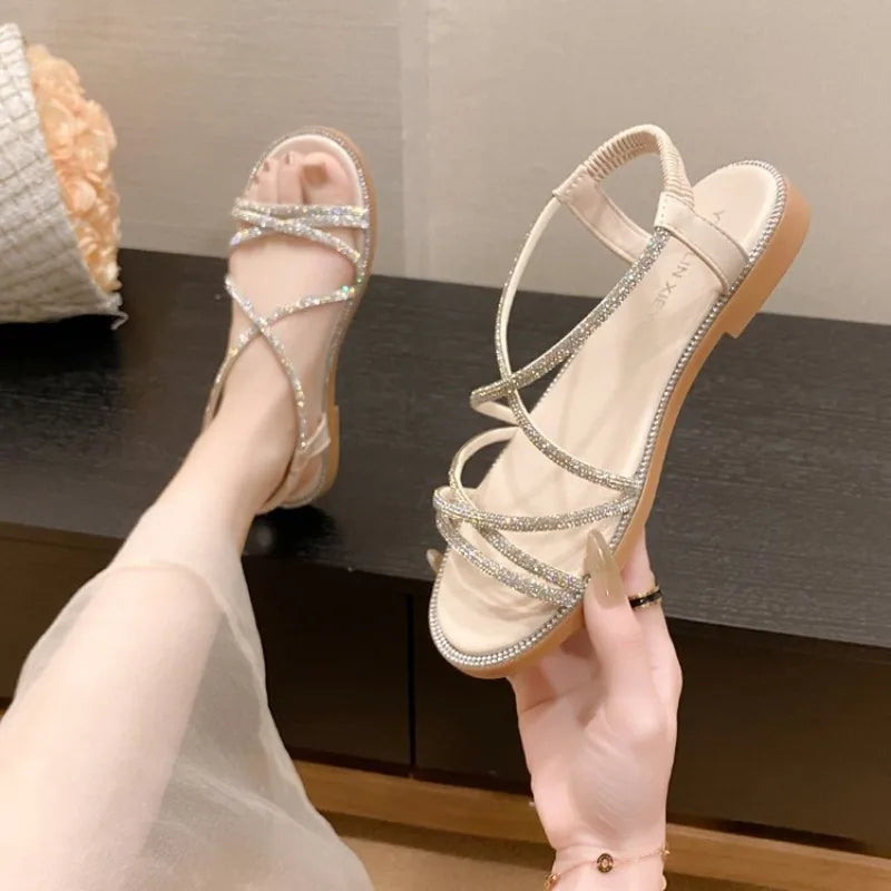 2024 Summer New Sandals, Rhinestone Flat Sandals, Women's Open Toe Elastic Set Foot Cross Sandals， Women Sandals