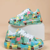 Women's Casual Sneakers 2023 Fashion New Painted Graffiti Lace Up Sports Shoes for Women Flat Pu Leather Ladies Running Shoes