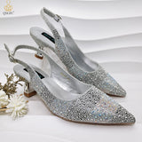 QSGFC INS Goldfarbenes elegantes Damen-Set mit Absätzen, Schuhen und Tasche, hohlen Strasssteinen, High Heels, Keilabsätze, Schuhen und passender Tasche