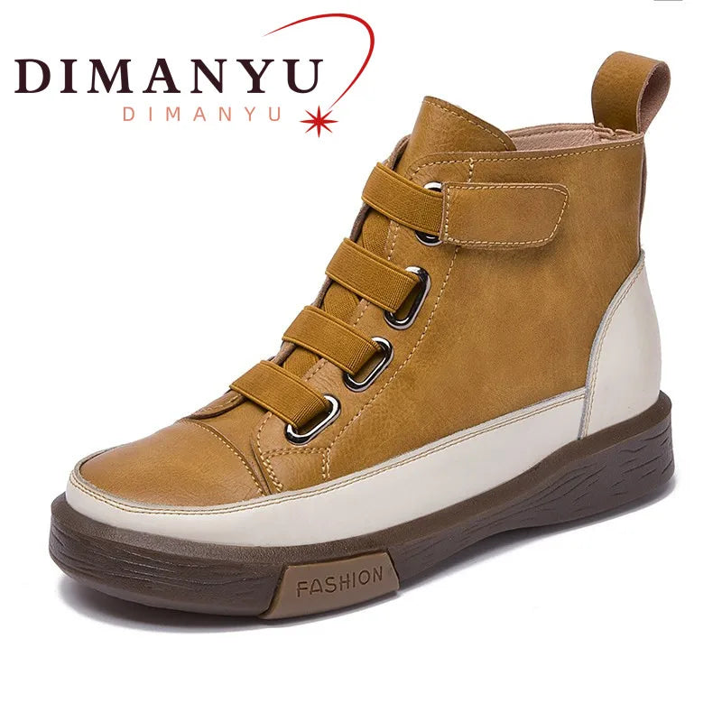 DIMANYU Women Winter Shoes Boots Flat Genuine Leather Retro Front Tie British Style Ladies Boots Trend Girl Student