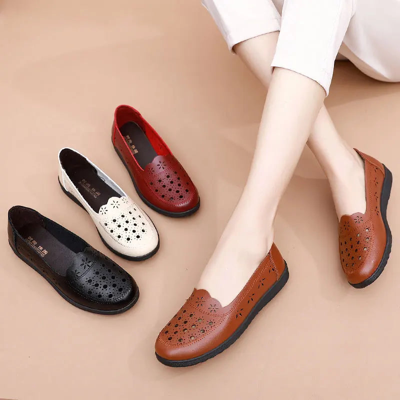Sandals Summer Comfort  Baotou  Soft Sole Mom's Shoes Flat Sole Women's Shoes Hole Leather Shoes Middle and Old Age Shoes