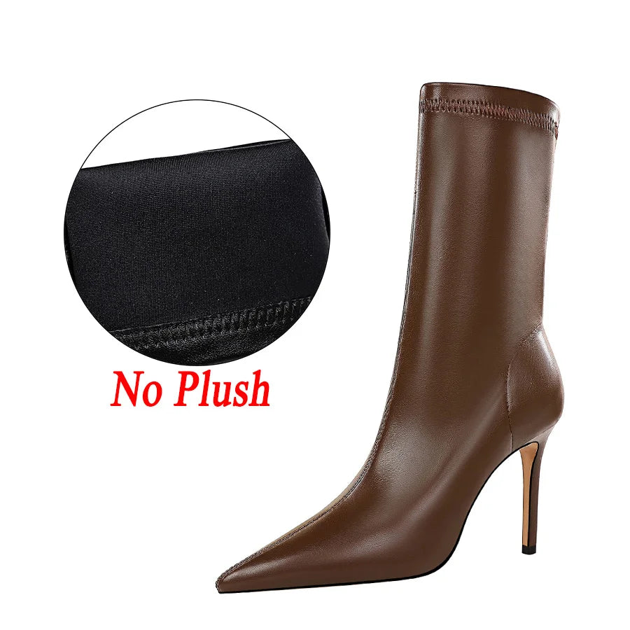 Bottes en cuir à talons hauts pour femmes, 7,5 cm, 10 cm, bottines courtes à talons bas, chaussures d'hiver chaudes et pointues en peluche