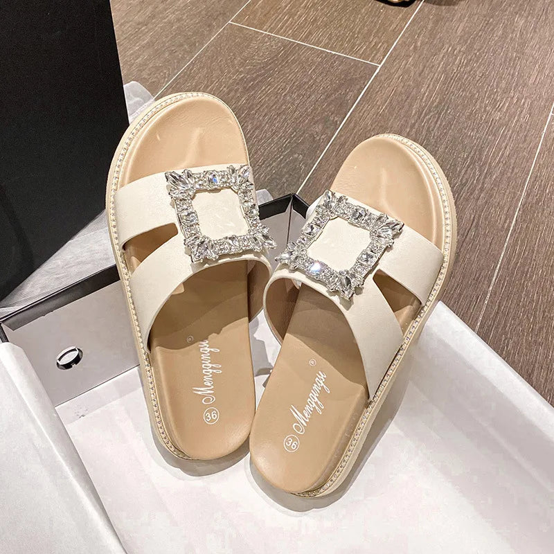 2023 pantoufles à boucle en cristal strass femmes marque design cristal double tongs femme plateforme diapositives sandales grande taille 43
