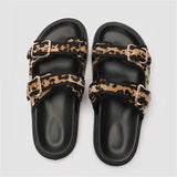 Pantoufles d'été pour femmes, sandales à imprimé léopard, semelle épaisse, chaussures à plateforme, tendance 2025, boucles, diapositives de plage pour dames, grande taille 43