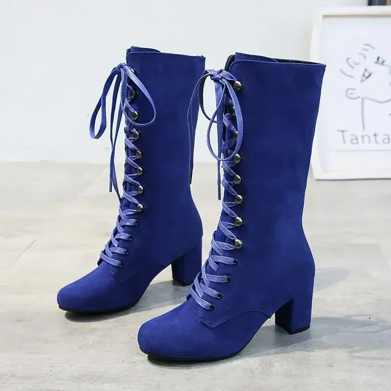 Fashion Woman Boots Women Lace-up Chelsea Boats Winter Short Knee-high Booties Round Toe Thick Heels Botine Mujer Black Shoes 43