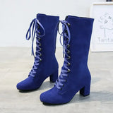 Fashion Woman Boots Women Lace-up Chelsea Boats Winter Short Knee-high Booties Round Toe Thick Heels Botine Mujer Black Shoes 43