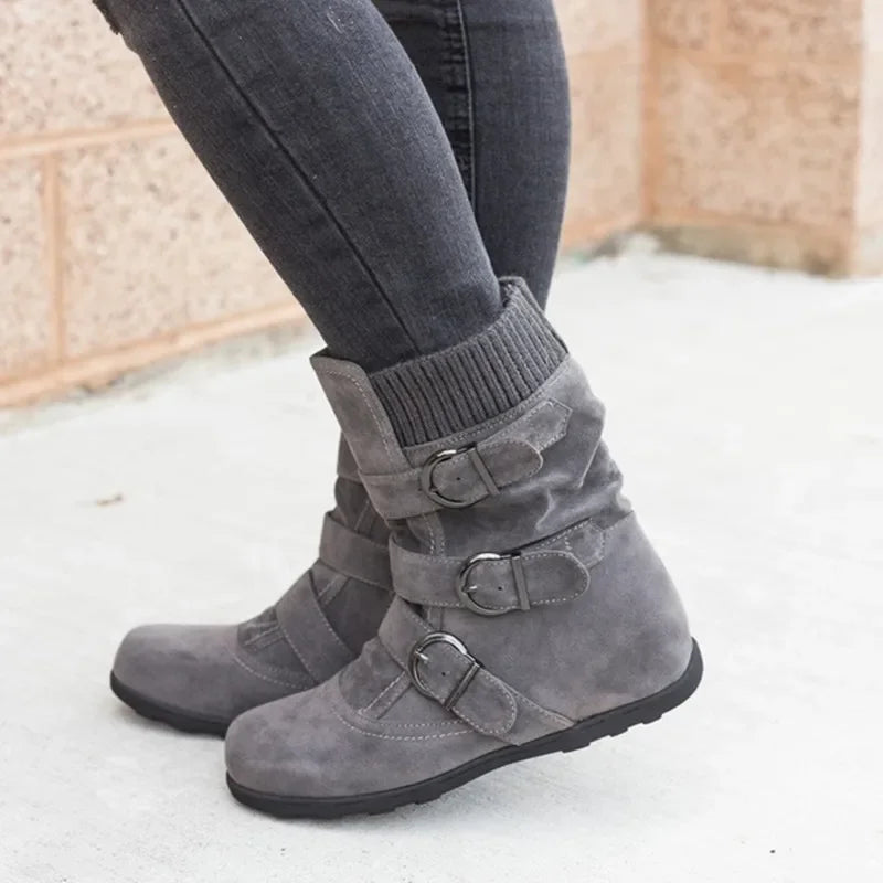 Schuhe für Damen, warme Schneestiefel, flach, Plüsch, lässige Damenschuhe, Herbstschnalle, weibliche Stiefel mit mittlerer Wade, Übergröße 35-43, Stiefel Damen