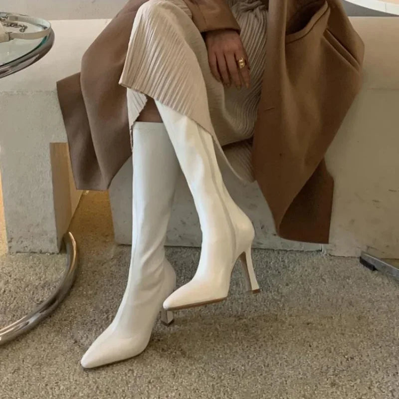 Women High Boots Fashion Pointed Toe Ladies Elegant Square High Heel Long Boots Short Plush Women Square Toe High Stretch Boots