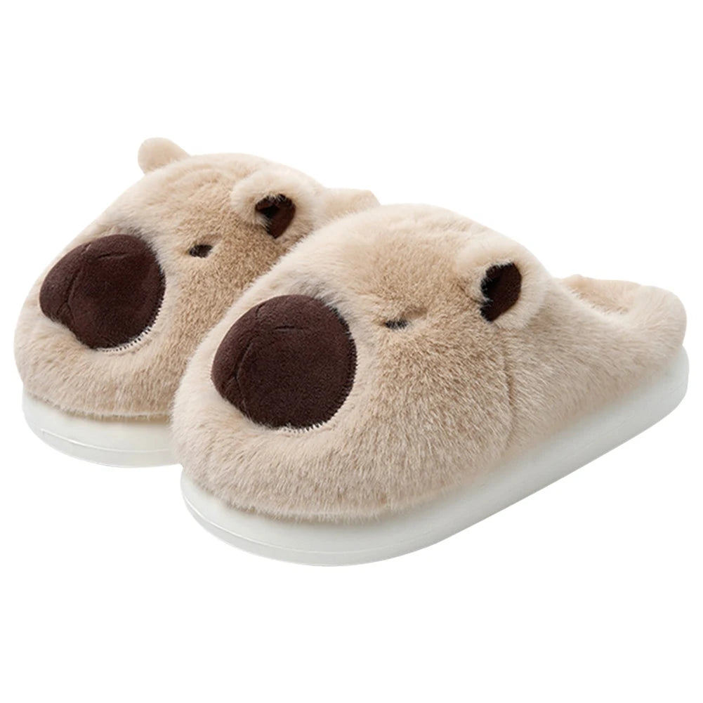 Chaussons en coton pour femmes avec des capybaras mignons en cartoon, chauds pour l'hiver, antidérapants, confortables, en fourrure, chaussons d'intérieur à enfiler