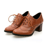 Escarpins à bout rond et talons en bois de 5,5 cm pour femmes, style brogue, style étudiant, sculpté, rétro, à lacets, classiques, printemps, nouveauté 2023