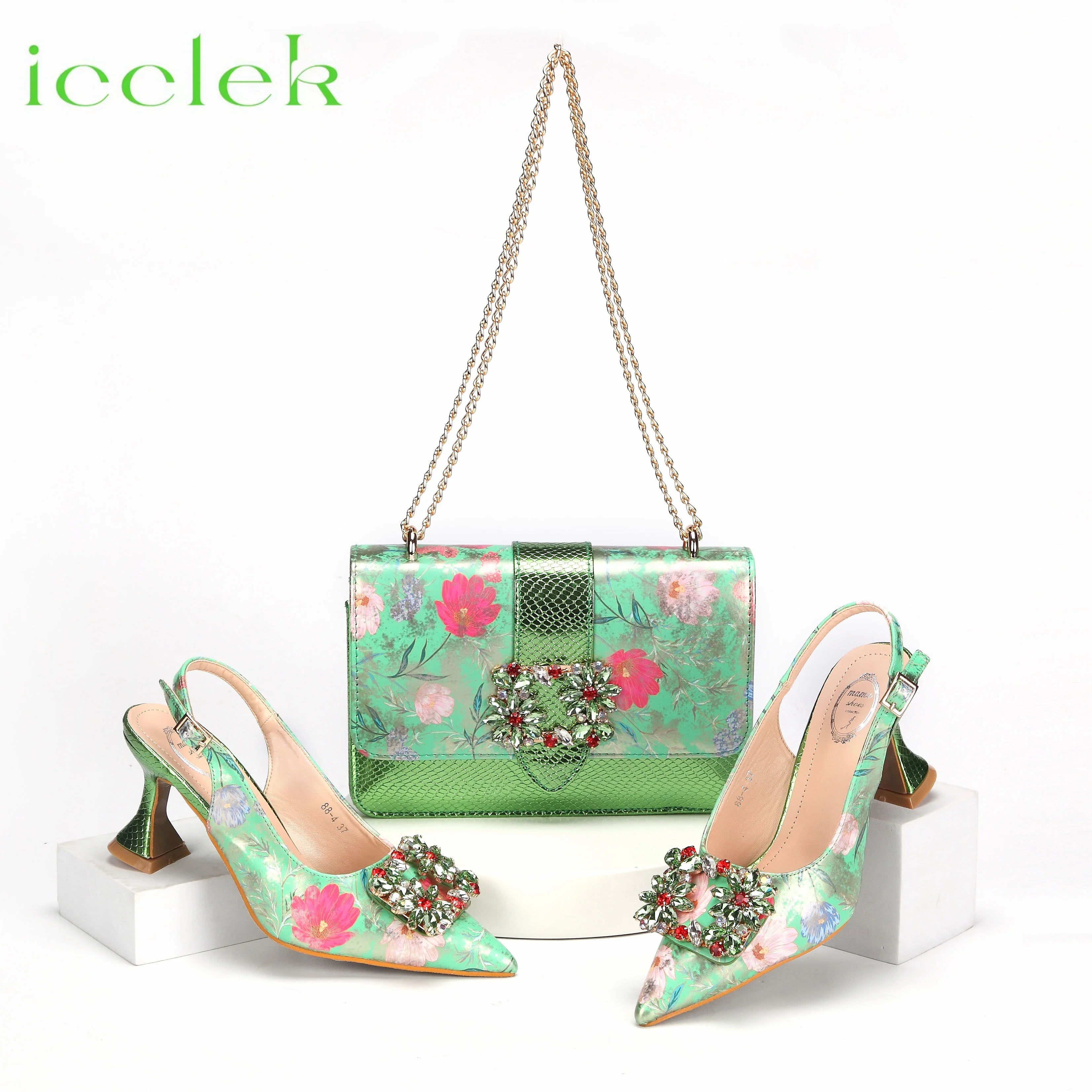 2024 Italian Design Girly Style Coffee Color Pointed Toe Wedding Shoes And Bag Full Diamond Decoration Metal Closure Bag