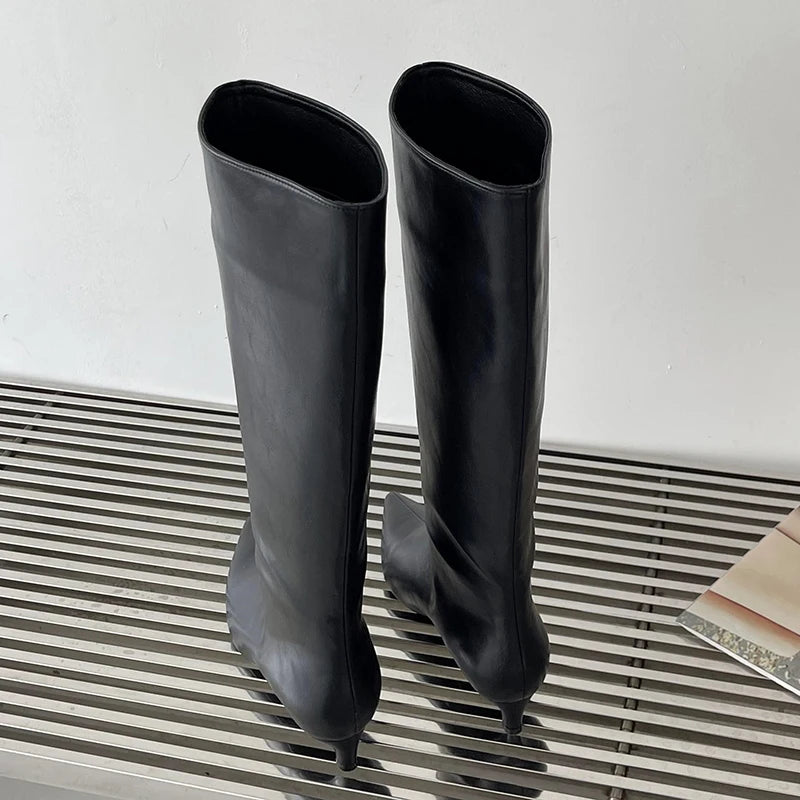 2025 New Fashion Low Heel Ladies Modern Western Boots Autumn Spring Pointed Toe Long Women Knee High Boots Female Pumps Shoes