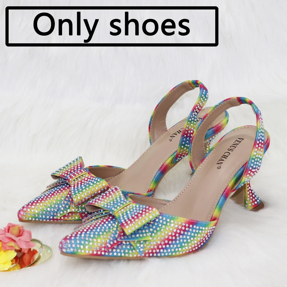 Venus Chan Bridal High Heels for Women 2023 Pointed Toe With Bows Gold Color Rhinestone  Elegant Party Wedding Shoe and Bag Set
