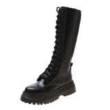 Bottes de chevalier plates hautes Maogu pour femmes, à lanières, fermeture éclair latérale, semelle épaisse, bout rond, longues, chaussures pour femmes, mode hiver 2024