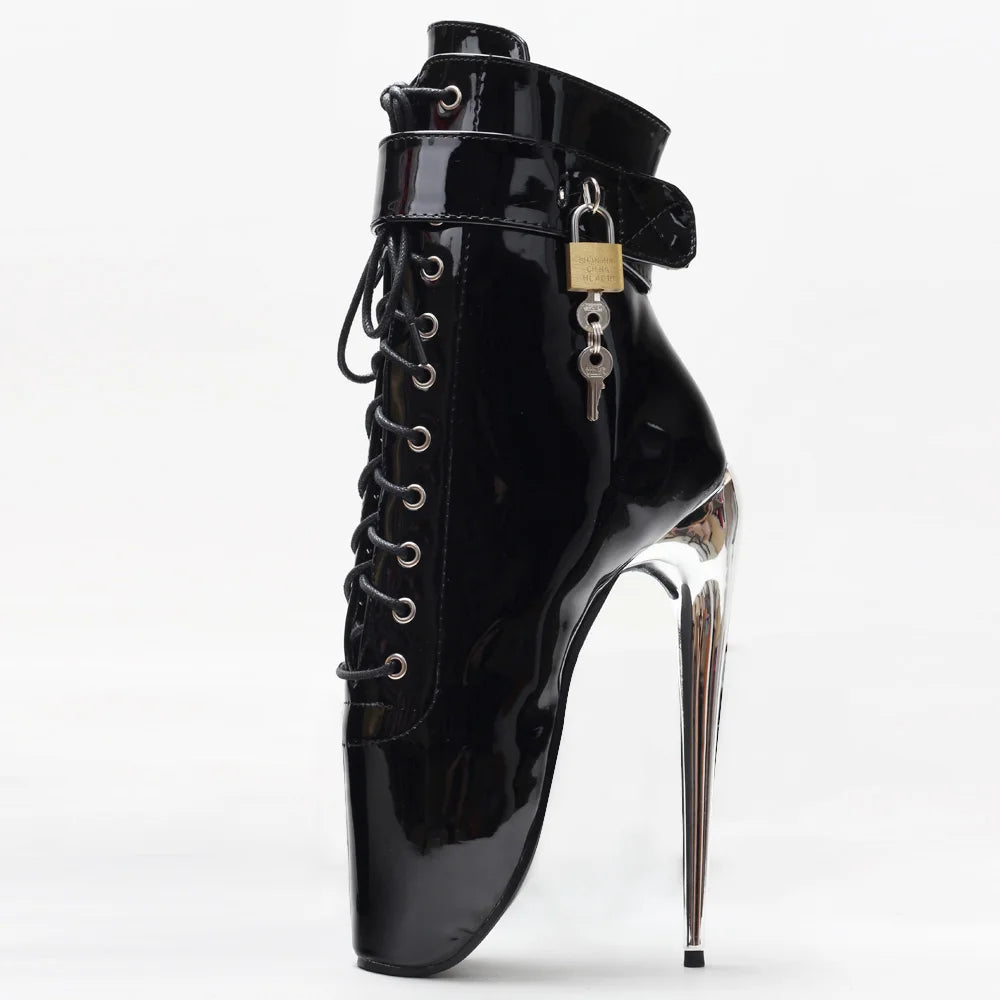 7Inch Stiletto High Heel Lock Wrap Strap Ankle Length Fetish Ballet Boots