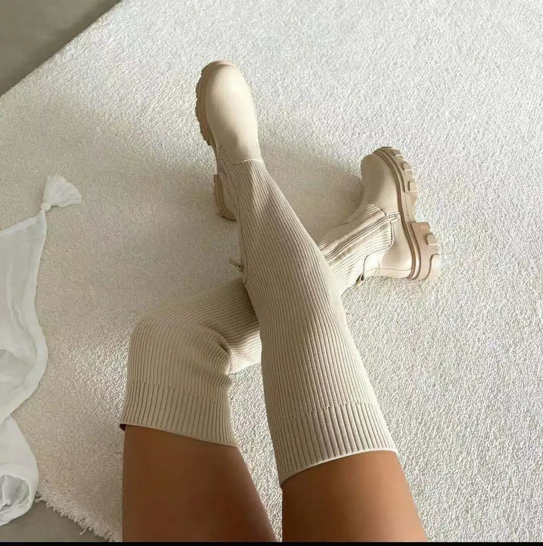 Bottes au-dessus du genou pour femmes, talons épais, coupe ajustée, bottes d'hiver en velours extensible, talons hauts, bottes en daim grande taille Botas Mujer