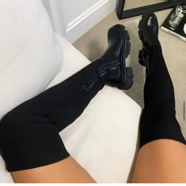 Bottes au-dessus du genou pour femmes, talons épais, coupe ajustée, bottes d'hiver en velours extensible, talons hauts, bottes en daim grande taille Botas Mujer