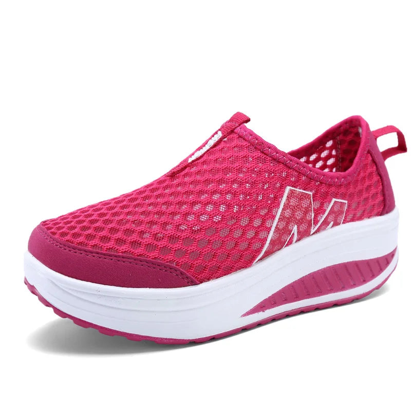 Women Mesh Flat Shoes Sneakers Women Swing Wedge Hollowed Out Slip-on Shoes Women Platform Breathable Lightweigt Vulcanization