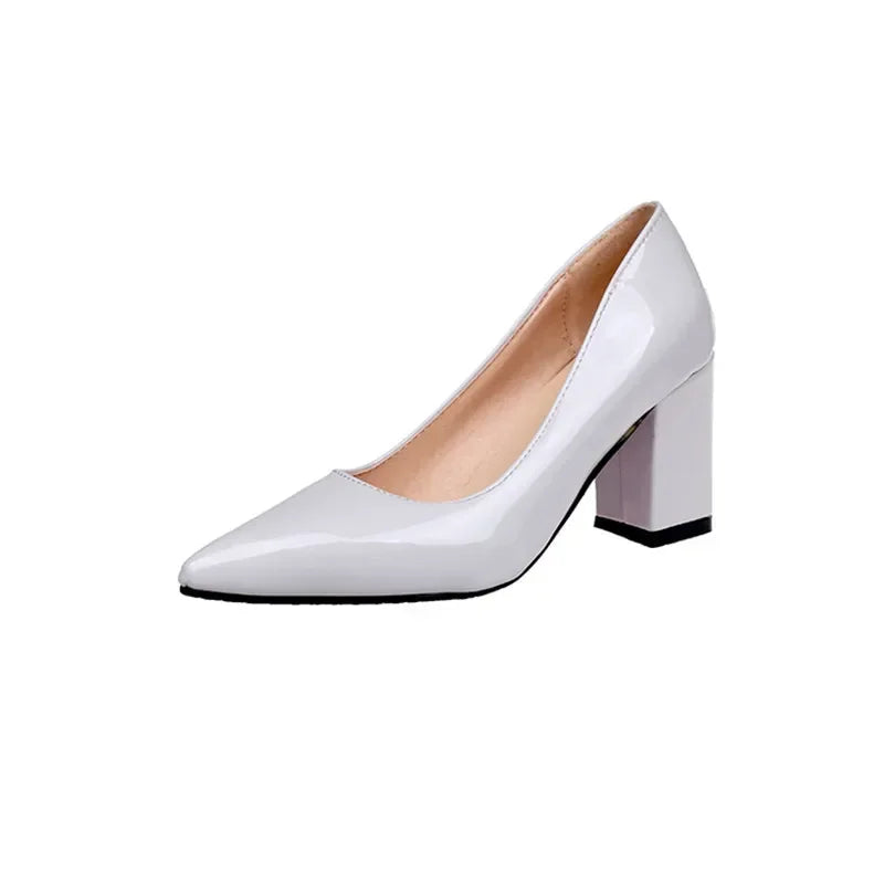 New Women Pumps Black High Heels  Lady Patent Leather Shallow Thick with Autumn Pointed Single Shoes Slip-On Female Shoes