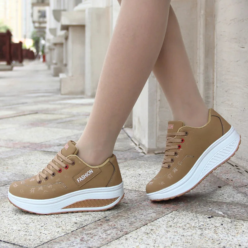 2023Autumn Running Shoes for Women Comfortable Leather Lace Up Wedges Platform Sneakers Women's Casual Shoes Vulcanized Shoes