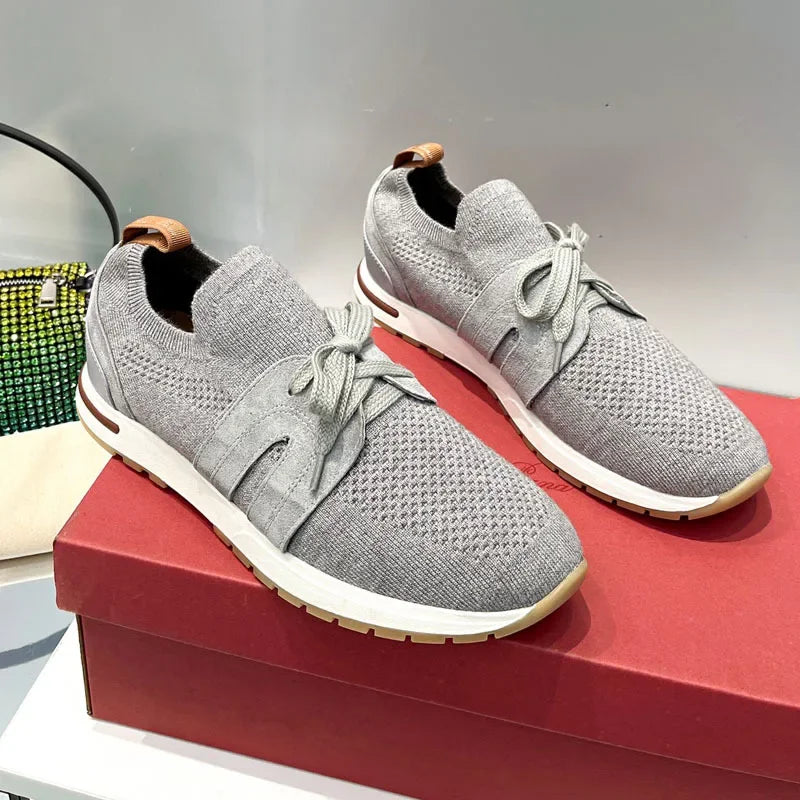 Loro*p23 Summer New Wool Sports Shoes Lace-up Knitted Breathable Casual Thick Bottom Couple Style Flats