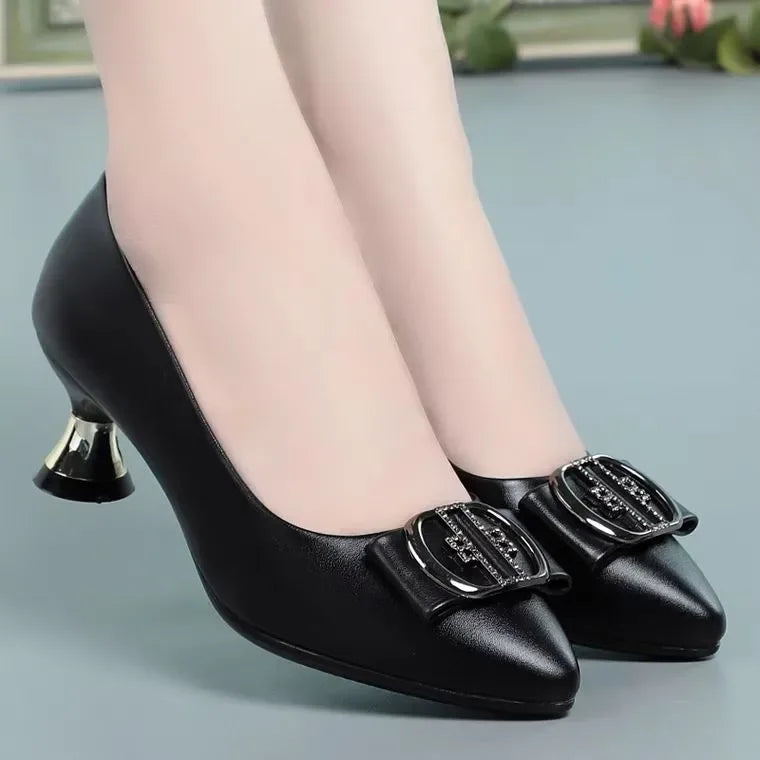 Women Fashion Plus Size High Quality Black Leather Slip on Stiletto Heel Shoes Lady Casual Comfort Office & Party Heel Pumps A96