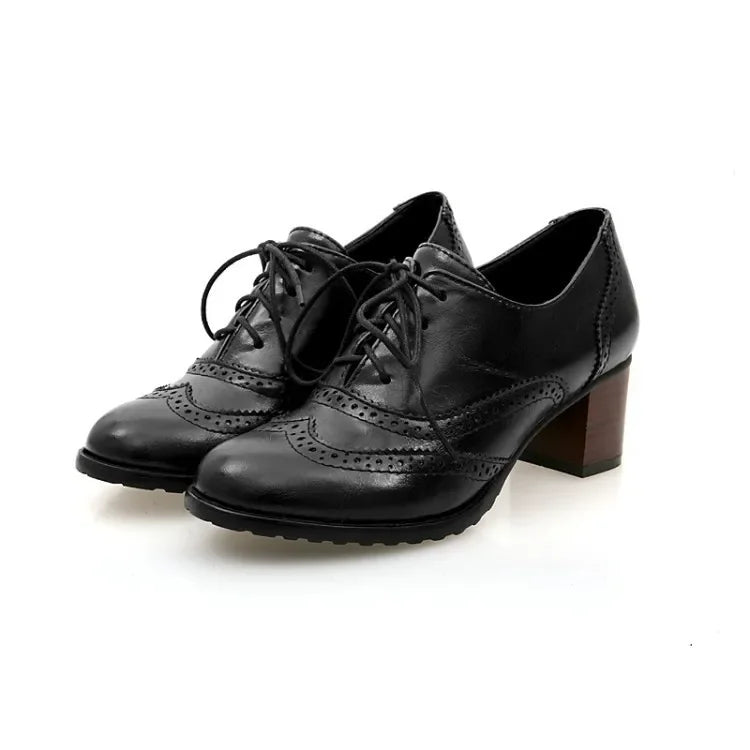 Escarpins à bout rond et talons en bois de 5,5 cm pour femmes, style brogue, style étudiant, sculpté, rétro, à lacets, classiques, printemps, nouveauté 2023