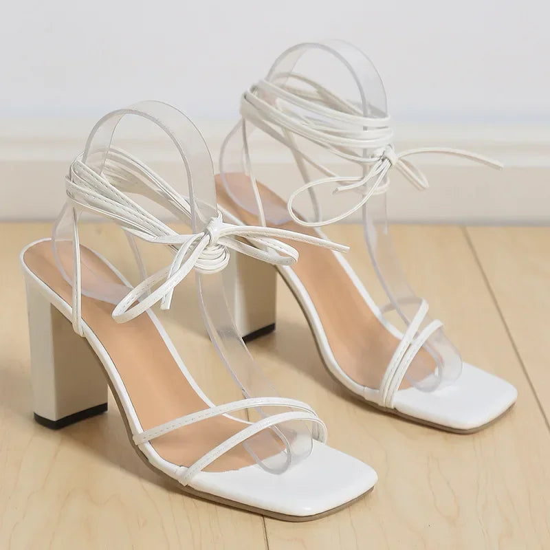Woman White Black Orange Ankle Strap Sandals Woman Leather Cross-Tied High Heels Shoes Sexy Lace Up Party Pumps Female