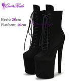 20cm Sexy Black Platform Pole Dance Shoes Stripper Heels Suede Ankle Boots High Heels Laces Round Toe Low Leg