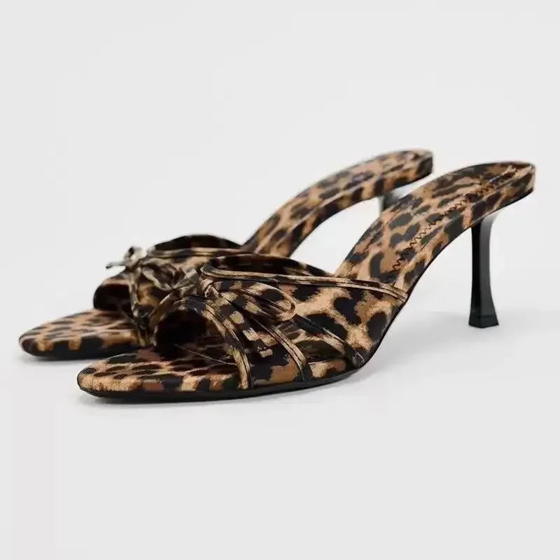 ZA2024 New European and American High Quality Women Shoes Bow Knot Leopard Print High Heel Slippers Women Slippers