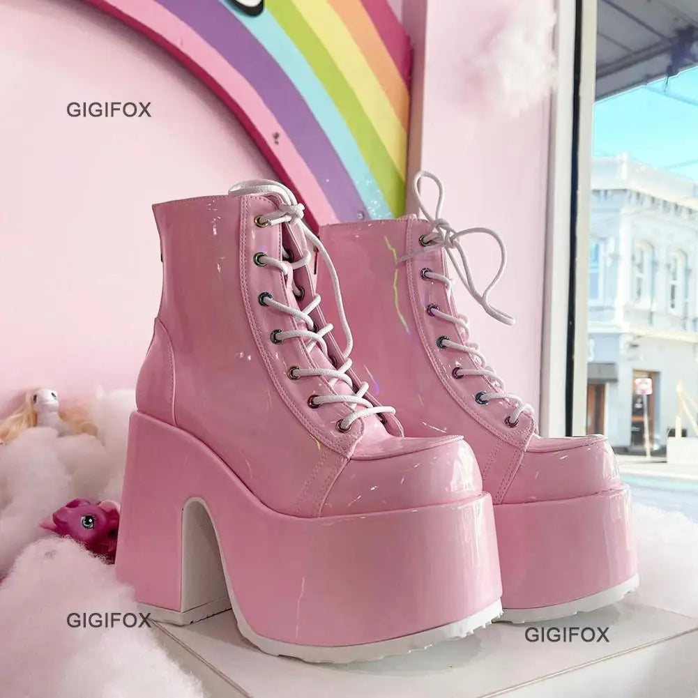 GIGIFOX Platform Ankle Boots For Women Lace Up Fashion Combat Goth Gothic Punk Style Boots 2024 Winter Short Boots Shoes Brand