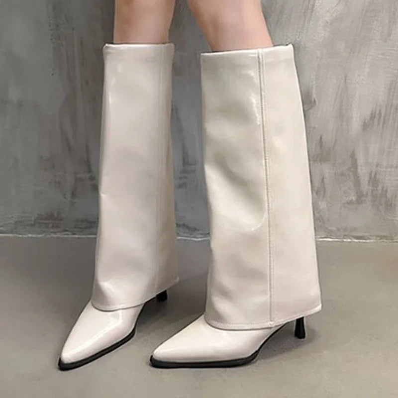 Bottes hautes en cuir épais pour femmes, chaussures à talons hauts et bout pointu, bottes Chelsea tendance, nouvelles escarpins, style gladiateur de neige