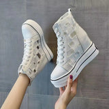 Inner Increase White Shoes 2023 New High-top Canvas Spring Autumn Women Hollow Breathable Casual Thick-soled Women Sneaker Shoes
