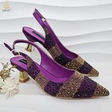 QSGFC INS Goldfarbenes elegantes Damen-Set mit Absätzen, Schuhen und Tasche, hohlen Strasssteinen, High Heels, Keilabsätze, Schuhen und passender Tasche