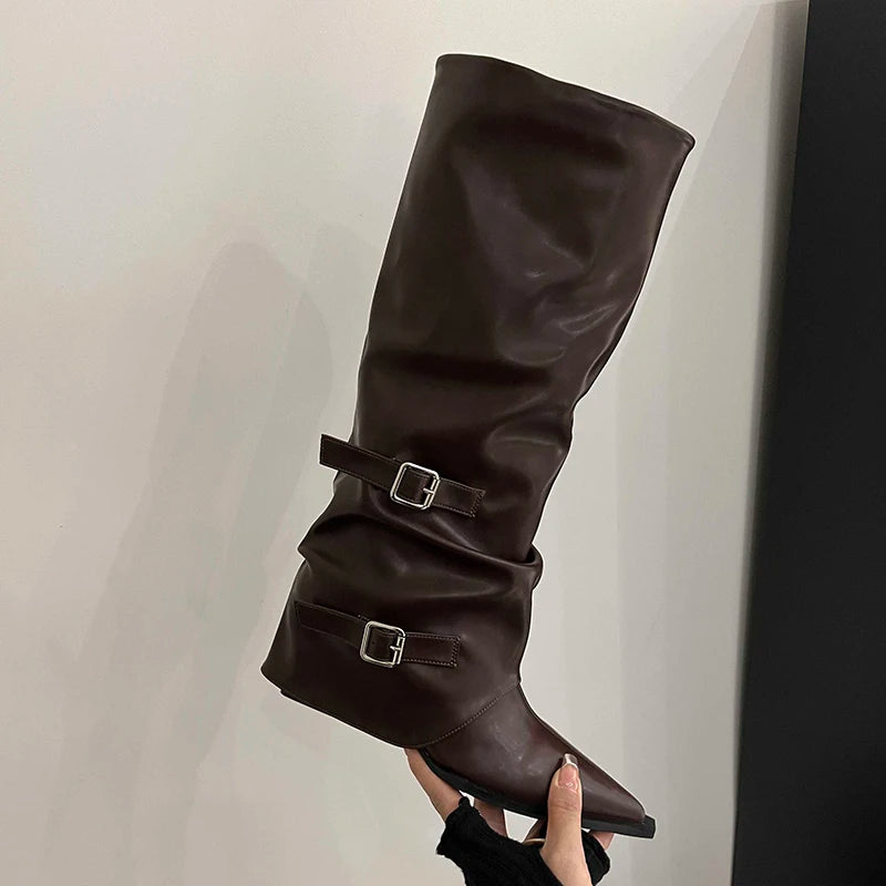 Retro Style Women Knee High Boots Fashion Belt Buckle Shoes Autumn Winter Wedges Heel Women's Knight Long Booties