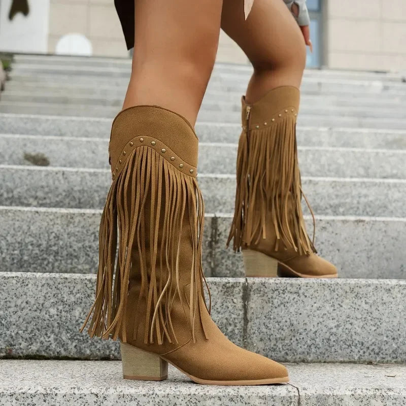 Shoes Female Rand Knee-High Women's Boots Pointed Toe Modern Boots Women Rivet Fringe Back Zip Med Heel Plus Size Shoes Women