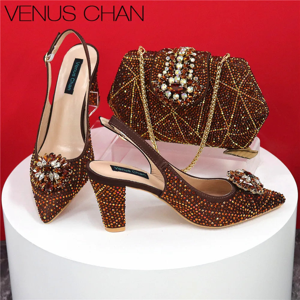 High Quality Designer Shoes and Bags Matching Set Decorate with Rhinestone Women Shoes High Heel Luxury Shoes Women Designer