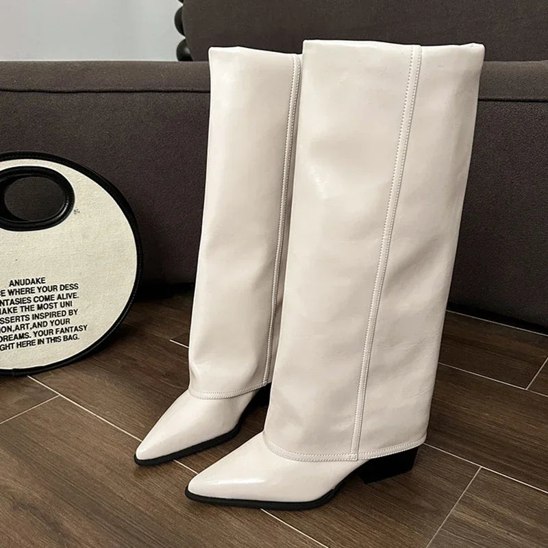 Bottes hautes en cuir épais pour femmes, chaussures à talons hauts et bout pointu, bottes Chelsea tendance, nouvelles escarpins, style gladiateur de neige