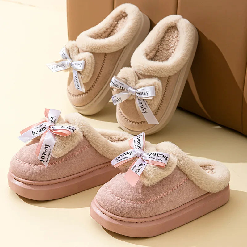 Winter Faux Suede Cotton Slippers for Women's Winter Home Rabbit Bow Cotton Slippers for Warmth New Thick Soled Princess Style
