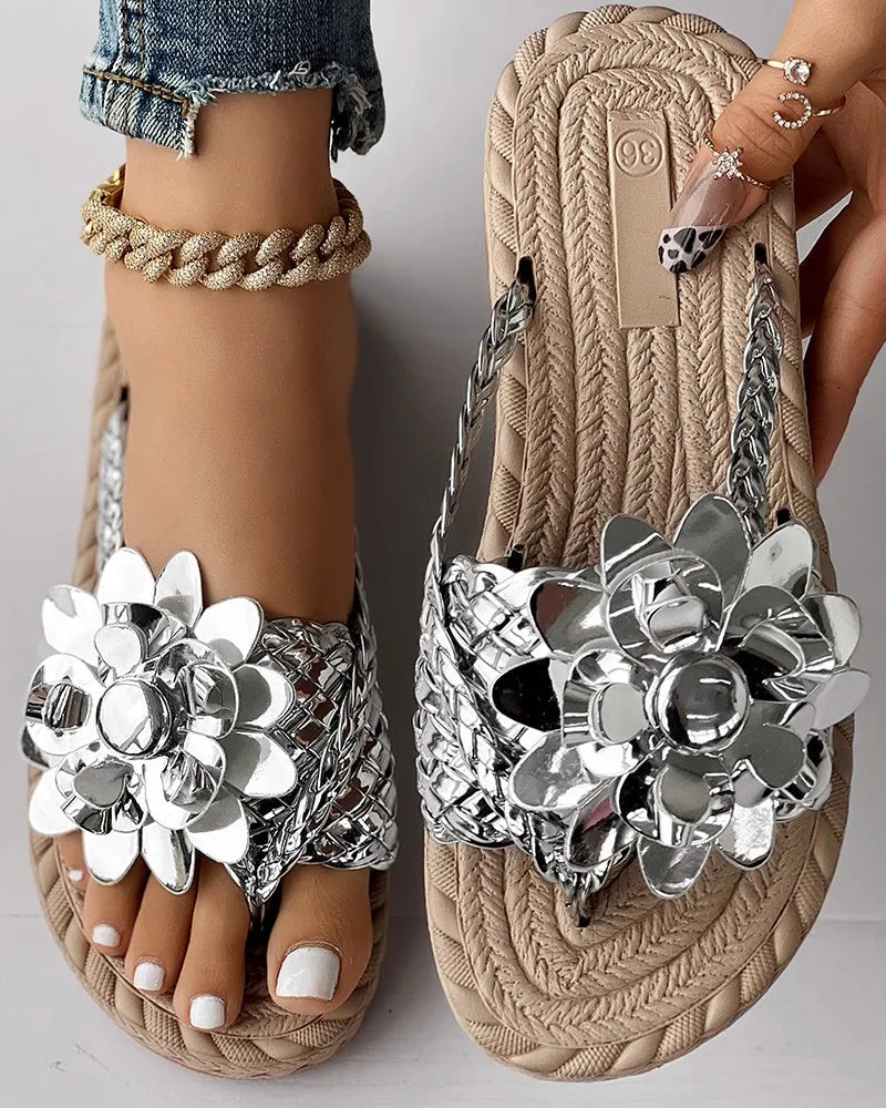 Slippers Women Ombre Floral Pattern Braided Casual Shoes Vacation Flat Holographic Braided Floral Pattern Toe Beach Flip Flops