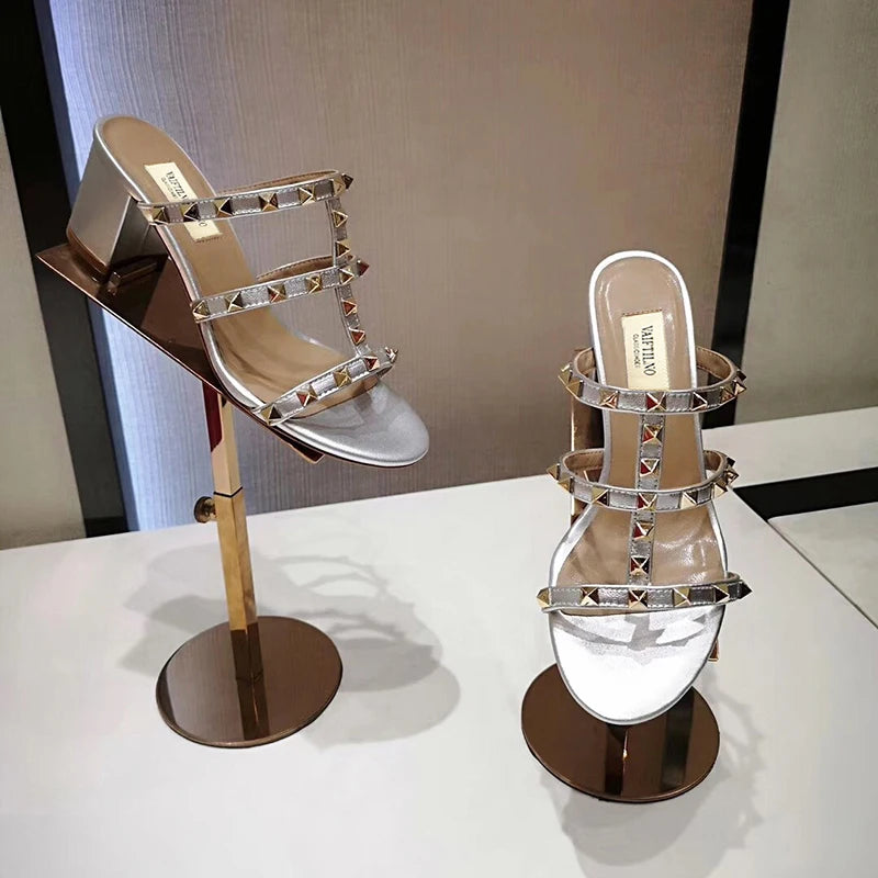 luxury women's shoes Gladiator shoes woman 2024 trend For Women's Sandals Summer Slippers Chunky Heel Leather Rivets High heels