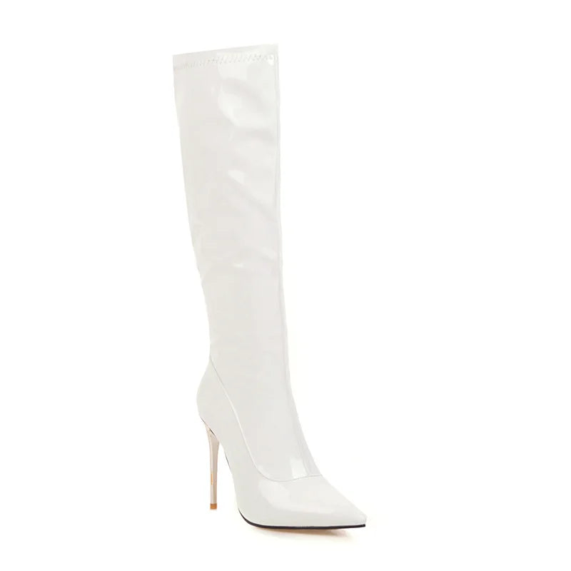 Women's Knee High Boots Winter Autumn Red White Thin Heels High Boot For Women Patent Leather Long Fetish Shoes Lady Large Size