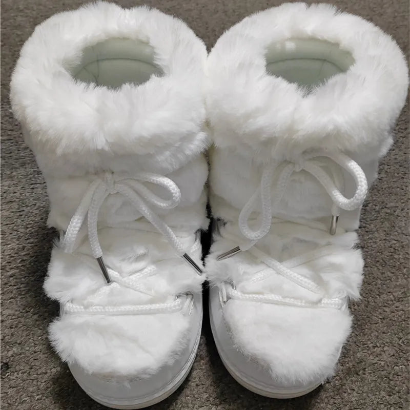 2024 Winter Boots Women Ankle Ski Boots Brand Design Platform Waterproof Lace-up Fur Boots Woman Fluffy Furry Fox Fur Snow Boots