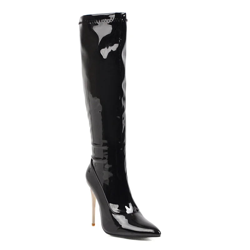 Women's Knee High Boots Winter Autumn Red White Thin Heels High Boot For Women Patent Leather Long Fetish Shoes Lady Large Size