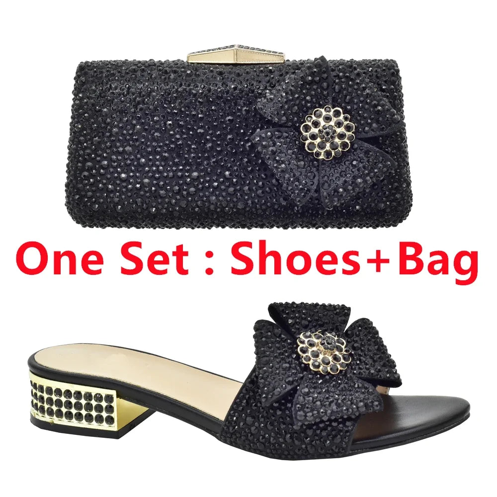 Italian Shoes and Bags Matching Set Decorated with Rhinestone Shoes for Women 2024 Designer Luxury Low Heels Slip On Party Pumps