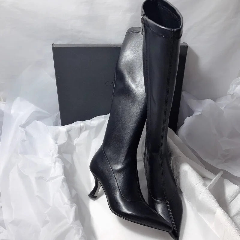 Winter Neue Baumwollstiefel mit dünnem Absatz Damenmode mit spitzem seitlichem Reißverschluss, rutschfest, verschleißfest, hohe Stiefel