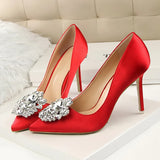Women 10cm High Heels Sexy Rhinestone Green Pink Gray Pointed Toe Pumps Lady Silk Satin Escarpins Elegant Wedding Evening Shoes