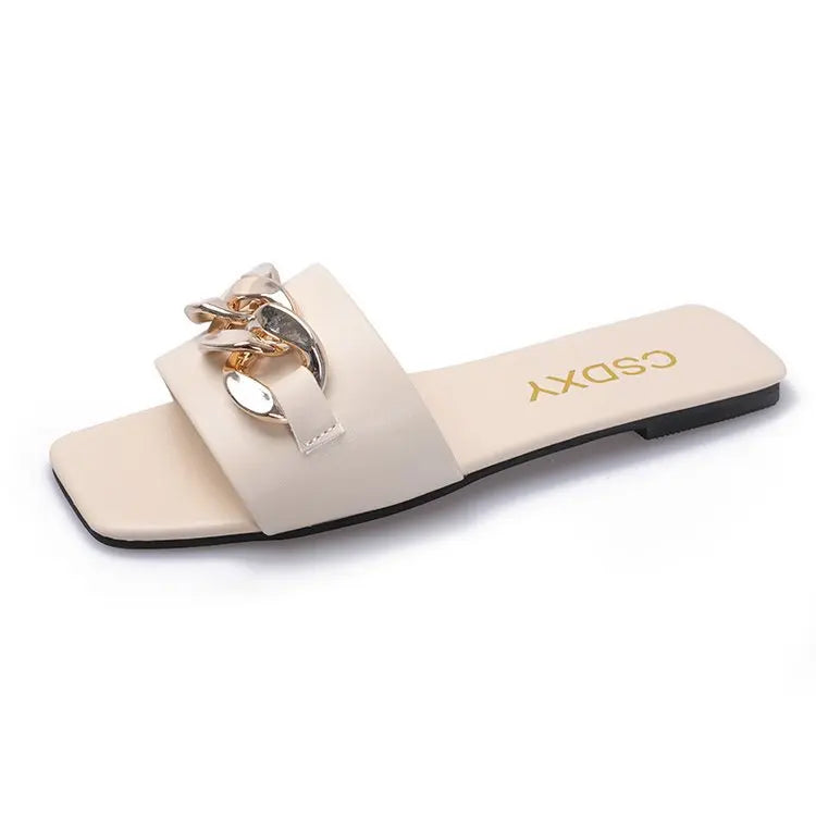 2022 New Fashion Women's Slippers Square Toe Chain Slippers Flat Slide Sandals Beach Flip Flops Metal Decoration Casual Shoes